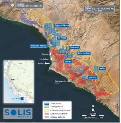 Solis Minerals comunica hallazgos de cobre y oro en el Proyecto Chocolate en Moquegua.